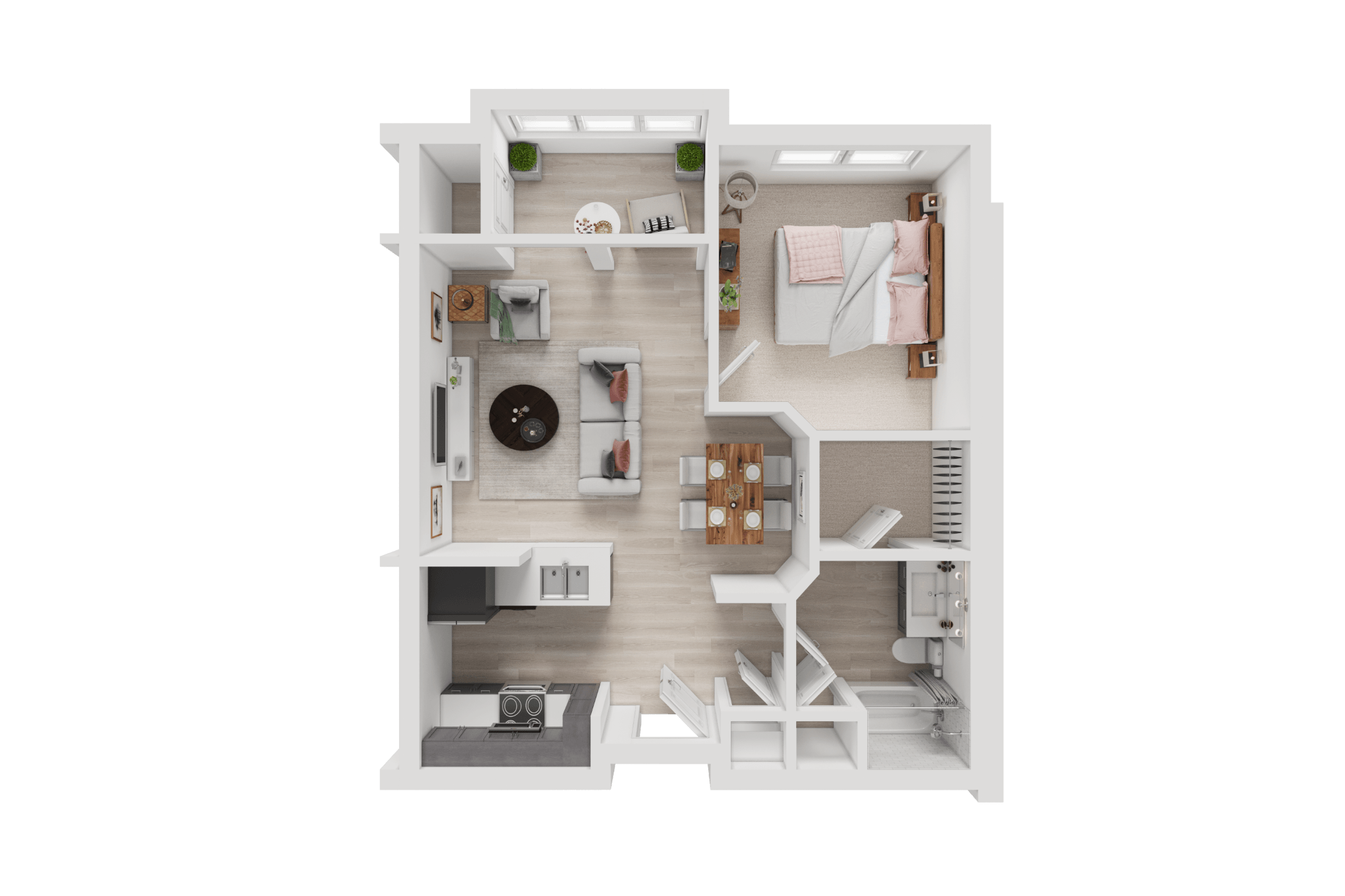 Floor plan for 1 bed, 1 bath, 735 sqft